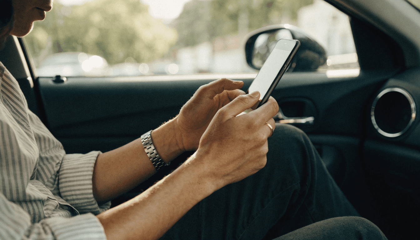 A driver reviewing a car insurance policy on their phone